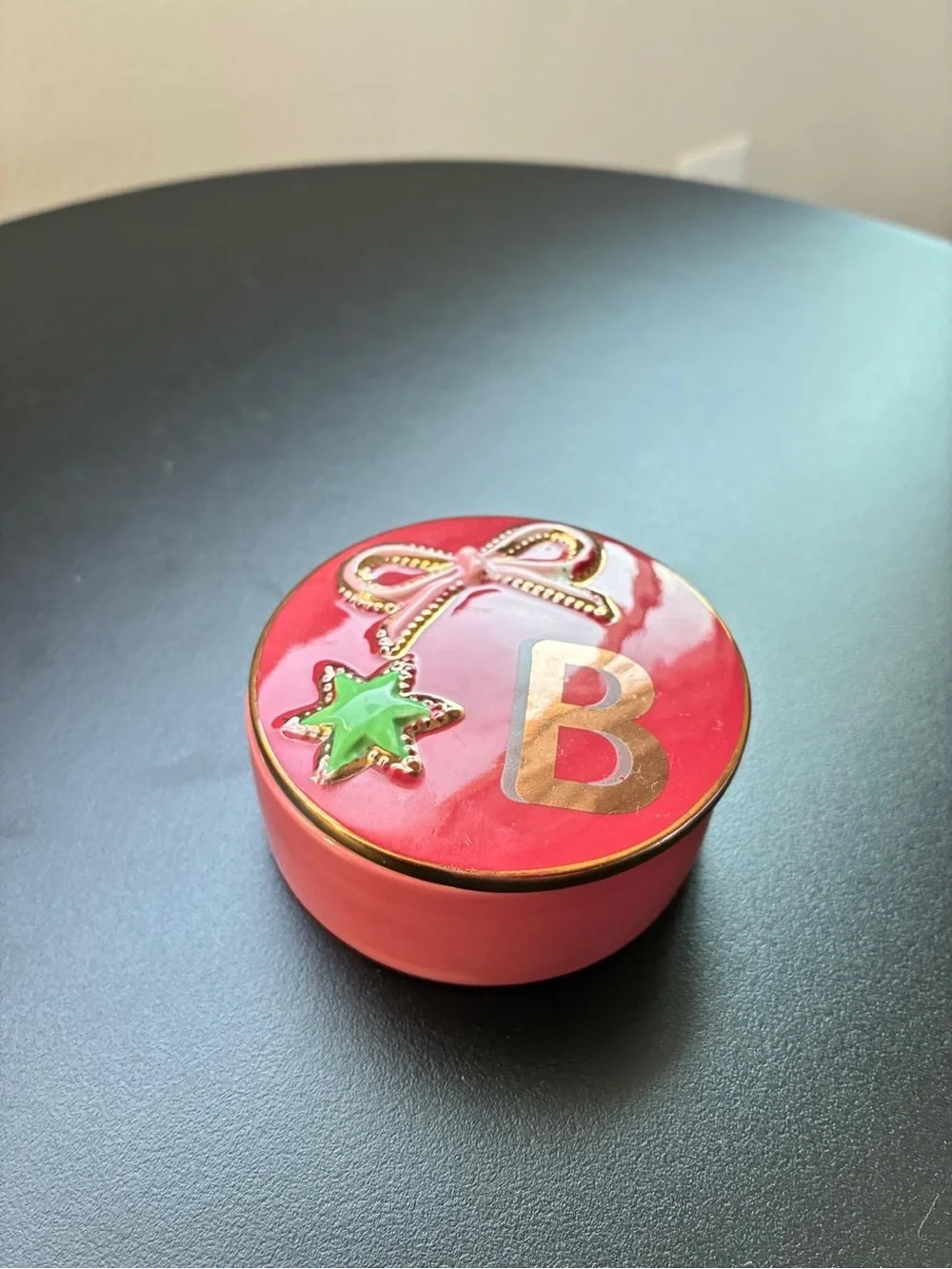 Anthropologie B Monogram Red Ceramic Trinket Box with bow and star Gold accents